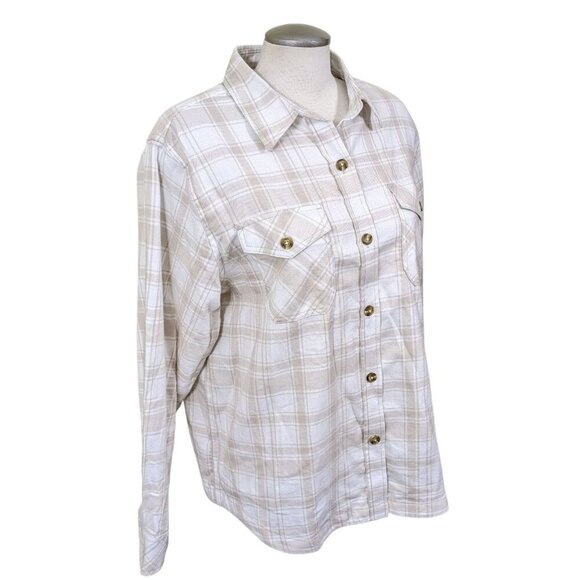 Frank and Oak Flannel Shirt Womens XL Plaid Beige Button Up Organic Cotton Soft - Picture 2 of 6